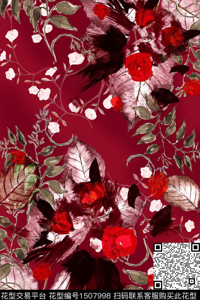 花卉满版散花香云纱数码印花华亿平台下载（图片编号: 1507998） - 瓦栏（Walan）