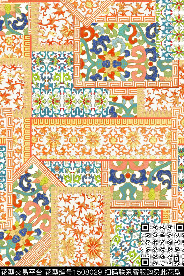 民族风花纹平贴复古卷草图案数码印花华亿平台下载（图片编号: 1508029） - 瓦栏（Walan）