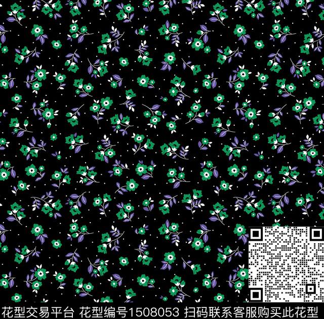 黑底花卉连衣裙花卉数码印花华亿平台下载（图片编号: 1508053） - 瓦栏（Walan）