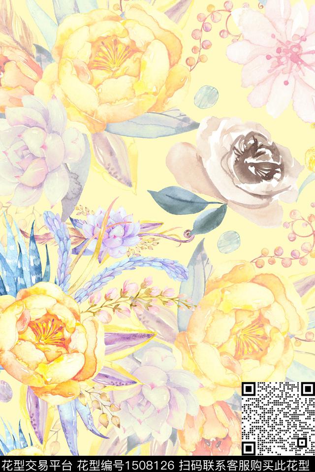 绿植树叶彩底花卉玫瑰花数码印花华亿平台下载（图片编号: 1508126） - 瓦栏（Walan）