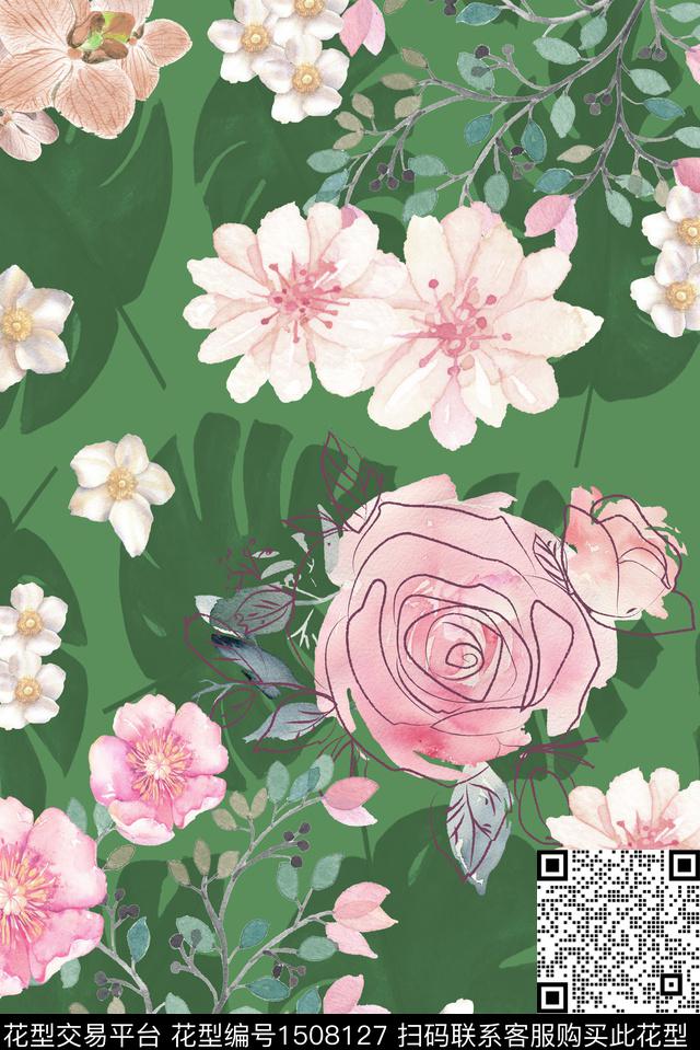 绿植树叶彩底花卉玫瑰花数码印花华亿平台下载（图片编号: 1508127） - 瓦栏（Walan）