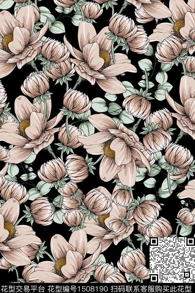 玉兰花花卉手绘花卉数码印花华亿平台下载（图片编号: 1508190） - 瓦栏（Walan）