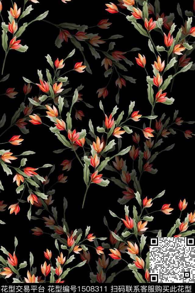 黑底花卉花卉真丝数码印花华亿平台下载（图片编号: 1508311） - 瓦栏（Walan）