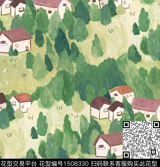 树林趣味建筑数码印花华亿平台下载（图片编号: 1508330） - 瓦栏（Walan）