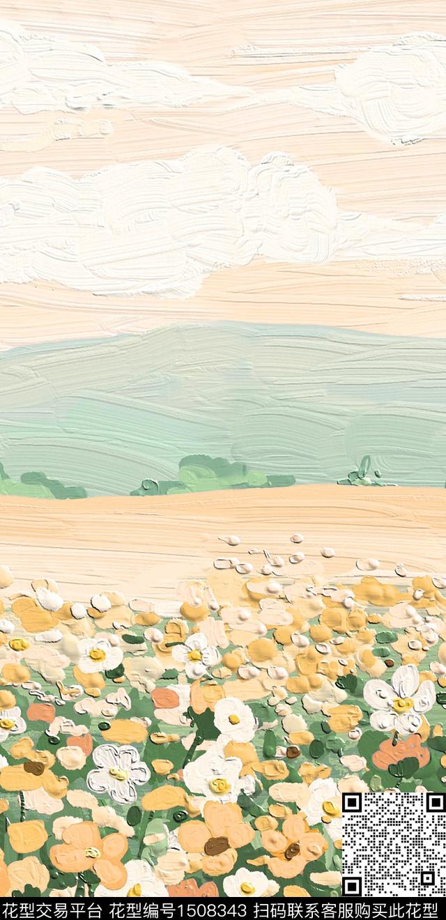 花卉羊群风景景观数码印花华亿平台下载（图片编号: 1508343） - 瓦栏（Walan）