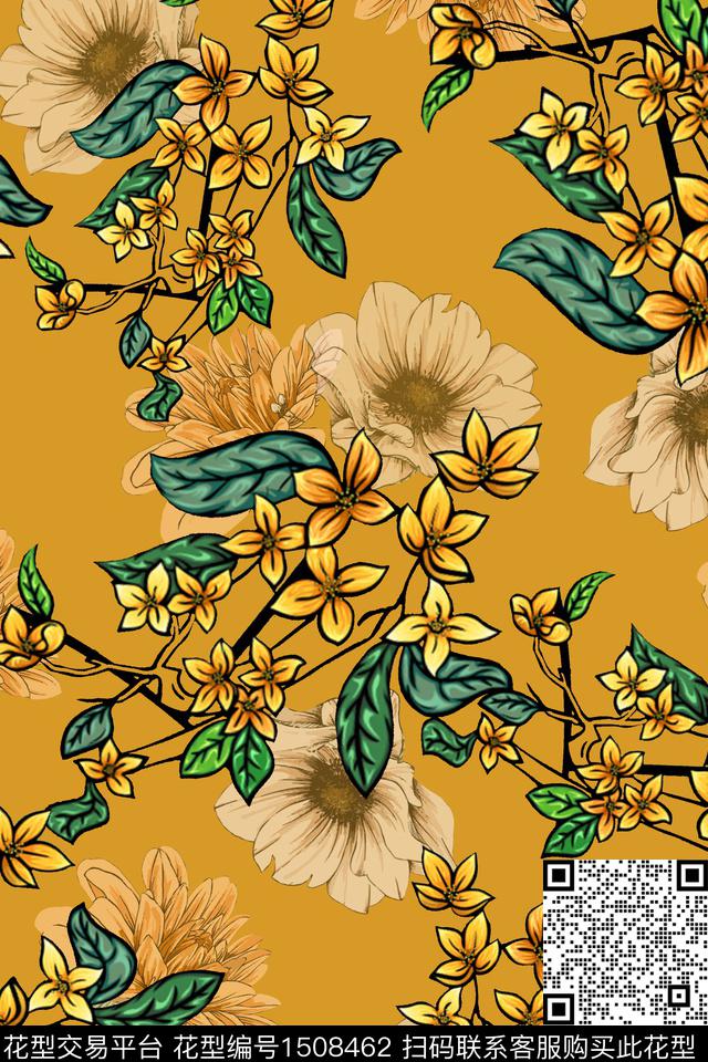 花卉手绘矢量数码印花华亿平台下载（图片编号: 1508462） - 瓦栏（Walan）