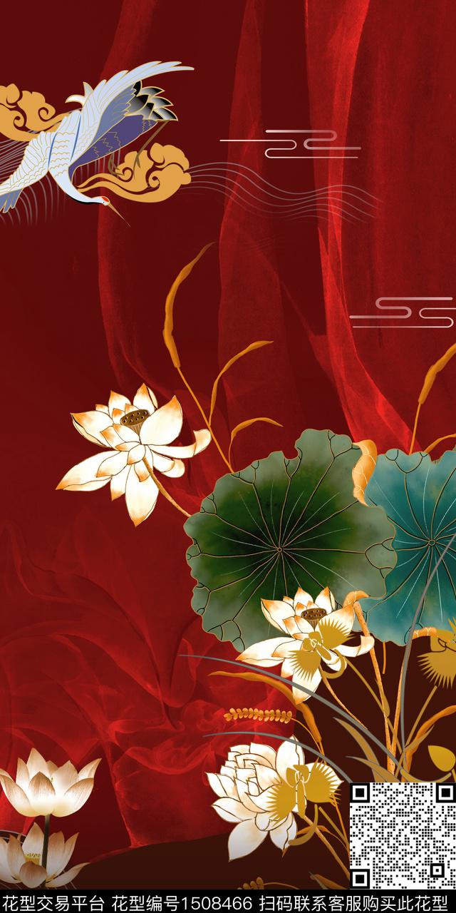 荷花仙鹤中国风定位花数码印花华亿平台下载（图片编号: 1508466） - 瓦栏（Walan）