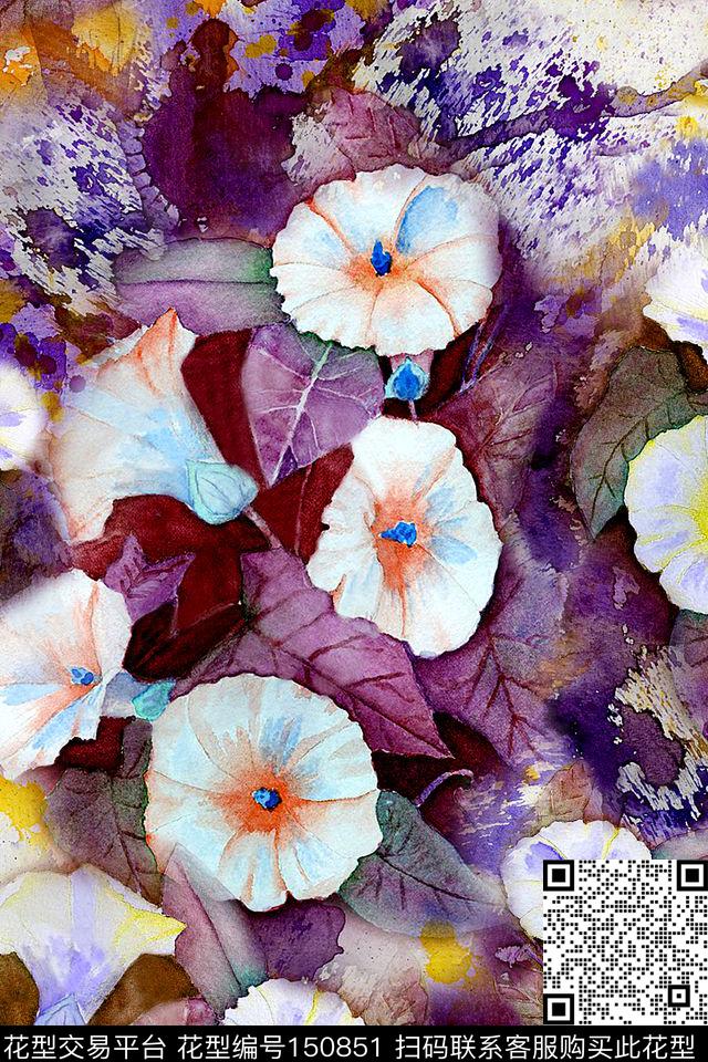 牵牛花田野叶子数码印花华亿平台下载（图片编号: 150851） - 瓦栏（Walan）
