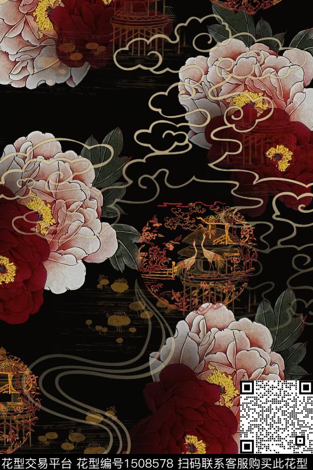 花卉香云纱真丝数码印花华亿平台下载（图片编号: 1508578） - 瓦栏（Walan）