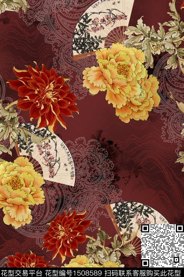 花卉香云纱中国风数码印花华亿平台下载（图片编号: 1508589） - 瓦栏（Walan）