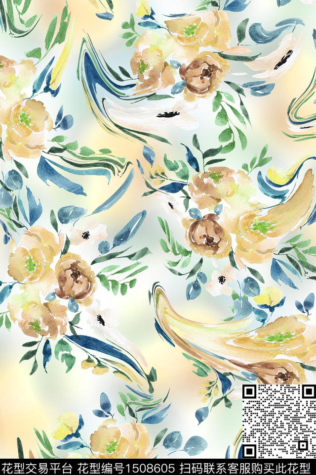 花卉小清新真丝数码印花华亿平台下载（图片编号: 1508605） - 瓦栏（Walan）
