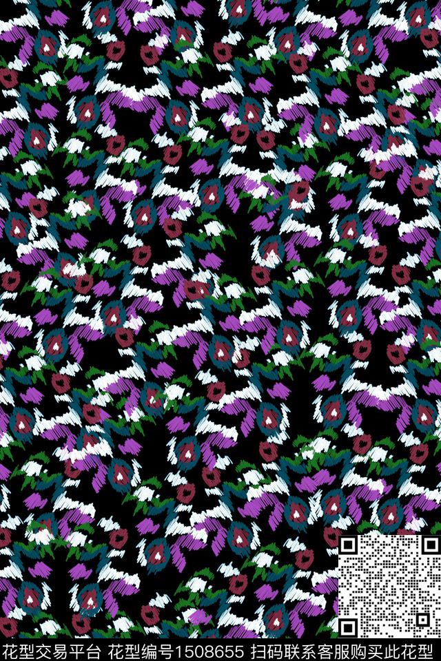 黑底花卉花卉大牌风数码印花华亿平台下载（图片编号: 1508655） - 瓦栏（Walan）