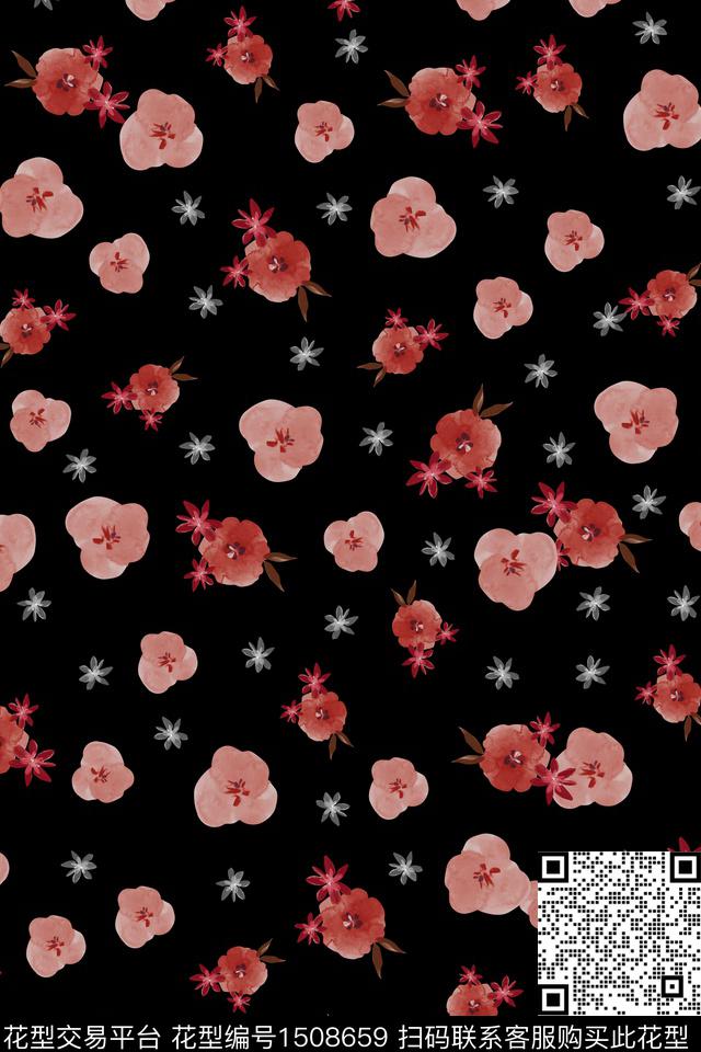 黑底花卉大牌风小清新数码印花华亿平台下载（图片编号: 1508659） - 瓦栏（Walan）