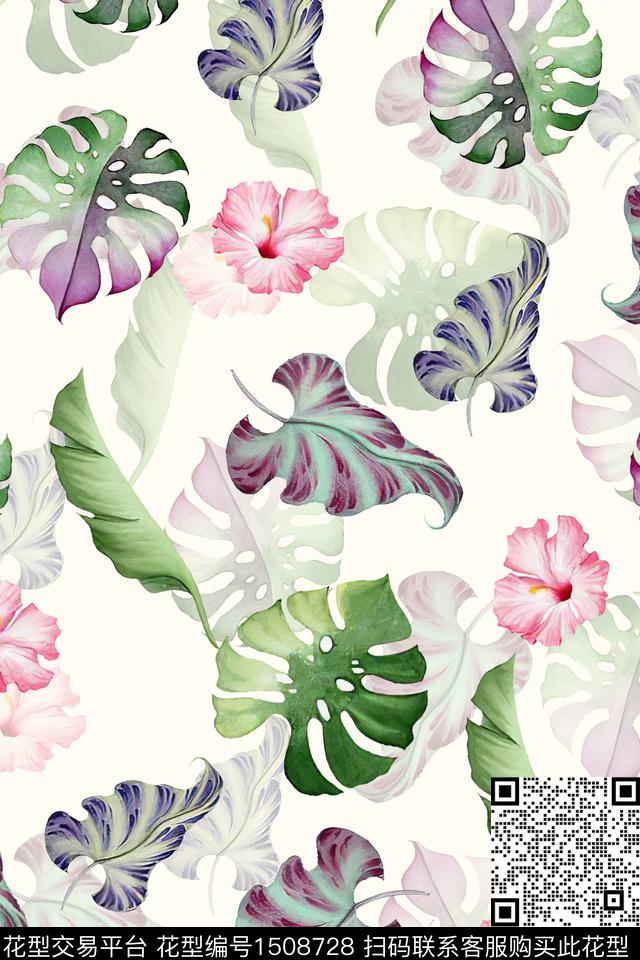 绿植树叶小清新真丝数码印花华亿平台下载（图片编号: 1508728） - 瓦栏（Walan）