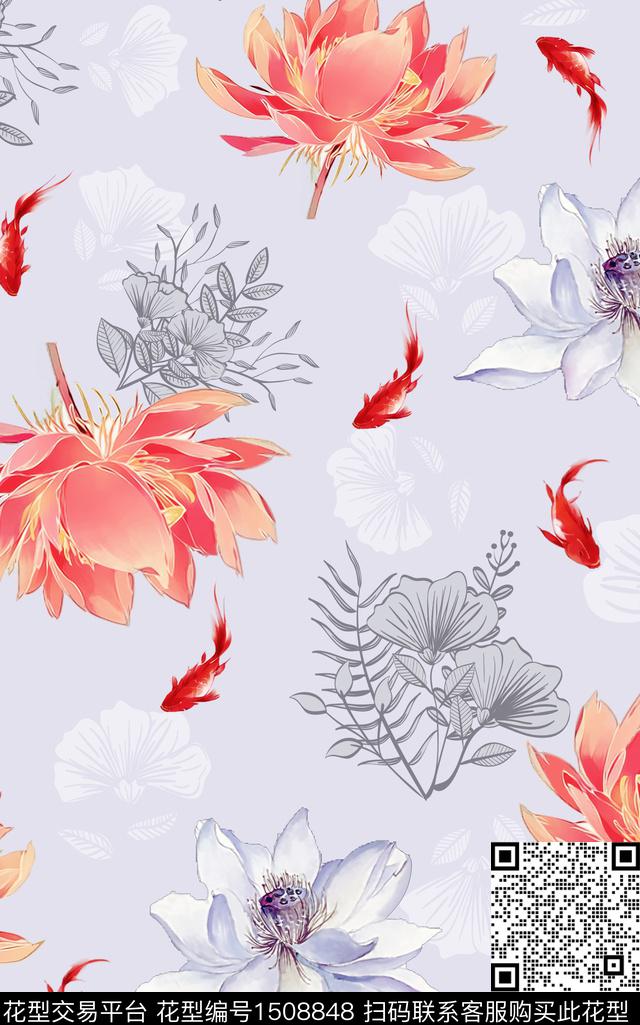 民族风花卉荷花数码印花华亿平台下载（图片编号: 1508848） - 瓦栏（Walan）