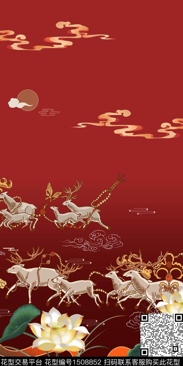 荷花祥云中国风定位花数码印花华亿平台下载（图片编号: 1508852） - 瓦栏（Walan）