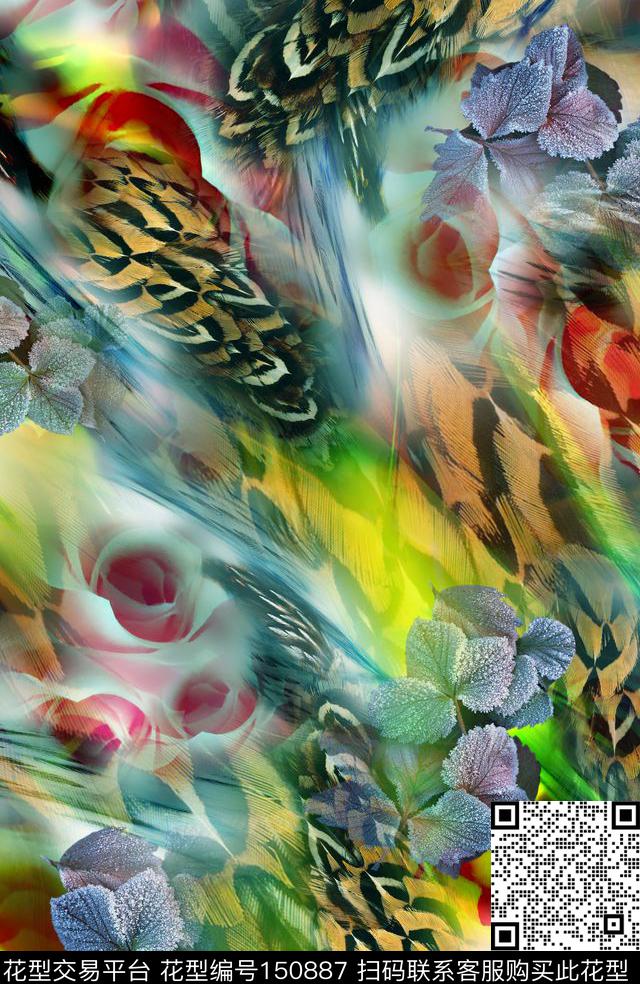 羽毛花卉叶子数码印花华亿平台下载（图片编号: 150887） - 瓦栏（Walan）