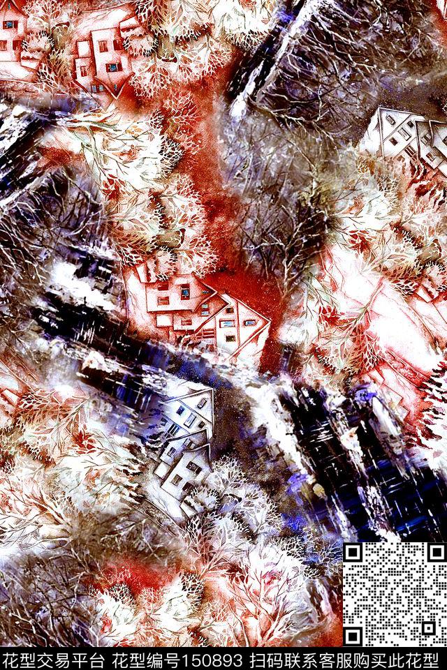 水彩手绘景观风景房屋数码印花华亿平台下载（图片编号: 150893） - 瓦栏（Walan）