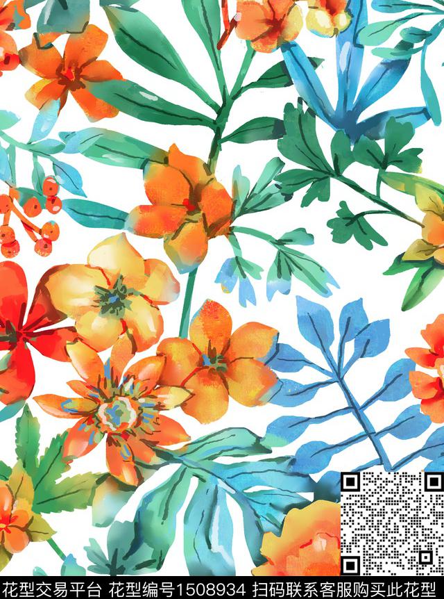 水彩绿植树叶花卉传统印花华亿平台下载（图片编号: 1508934） - 瓦栏（Walan）