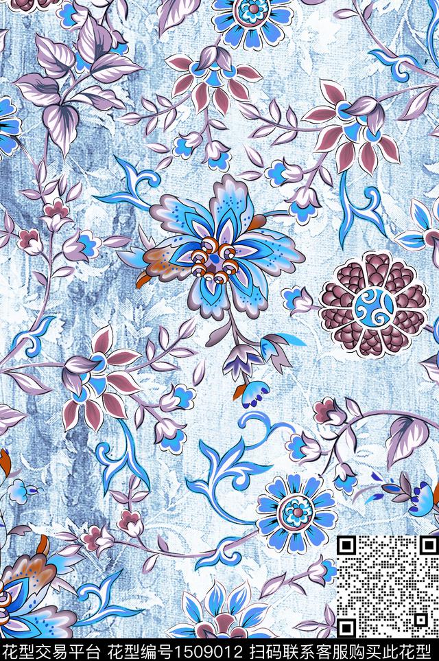 复古民族风花卉数码印花华亿平台下载（图片编号: 1509012） - 瓦栏（Walan）