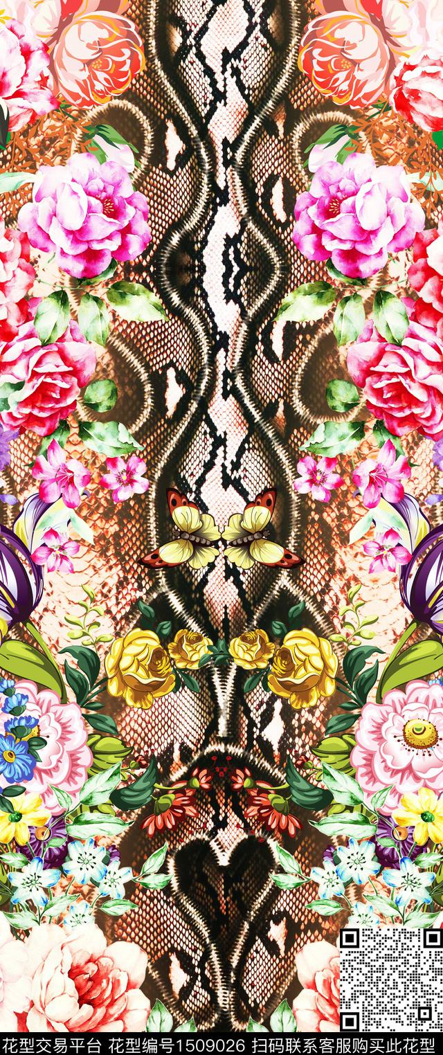 定位花花卉蛇数码印花华亿平台下载（图片编号: 1509026） - 瓦栏（Walan）