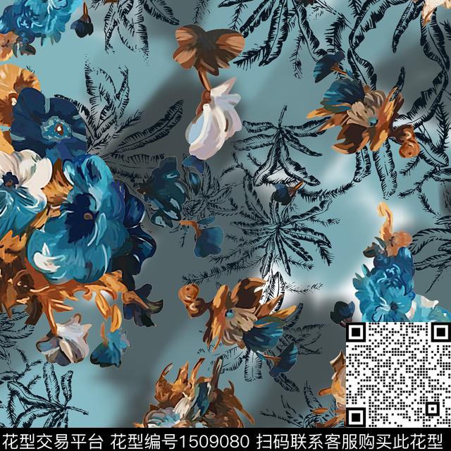 抽象花卉手绘花卉数码印花华亿平台下载（图片编号: 1509080） - 瓦栏（Walan）