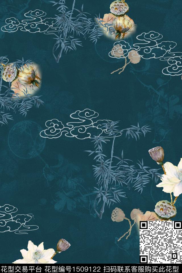 荷花香云纱中国风数码印花华亿平台下载（图片编号: 1509122） - 瓦栏（Walan）