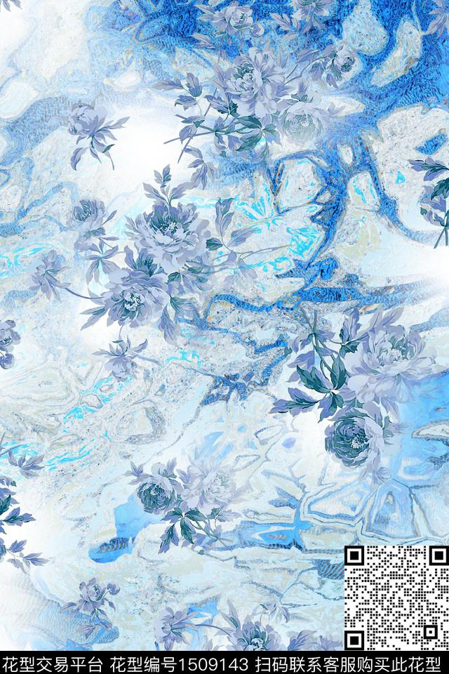 青花花卉抽象底纹数码印花华亿平台下载（图片编号: 1509143） - 瓦栏（Walan）
