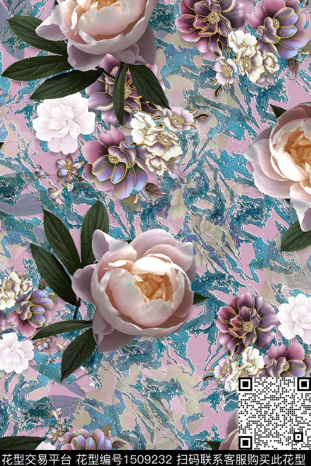 花卉香云纱中国风数码印花华亿平台下载（图片编号: 1509232） - 瓦栏（Walan）