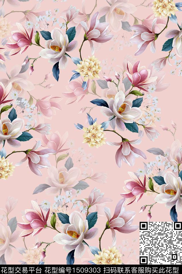 花卉小清新真丝数码印花华亿平台下载（图片编号: 1509303） - 瓦栏（Walan）