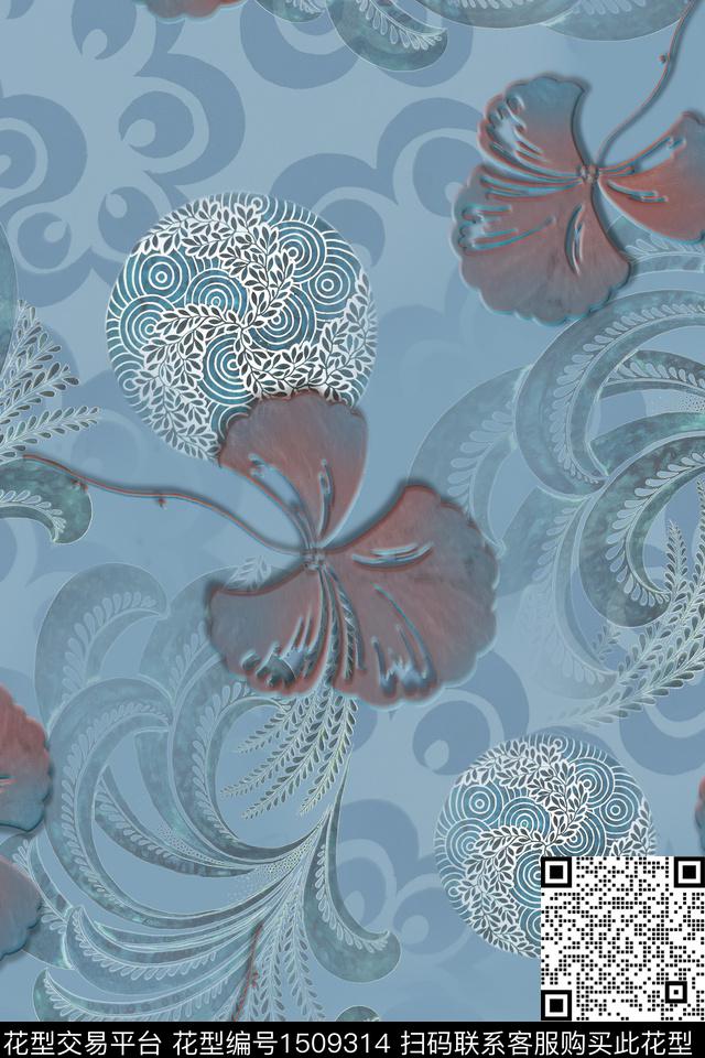 绿植树叶复古大牌风数码印花华亿平台下载（图片编号: 1509314） - 瓦栏（Walan）