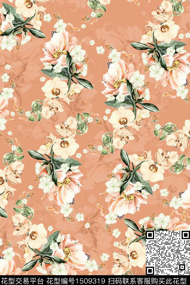 扎染华亿平台复古花卉数码印花华亿平台下载（图片编号: 1509319） - 瓦栏（Walan）