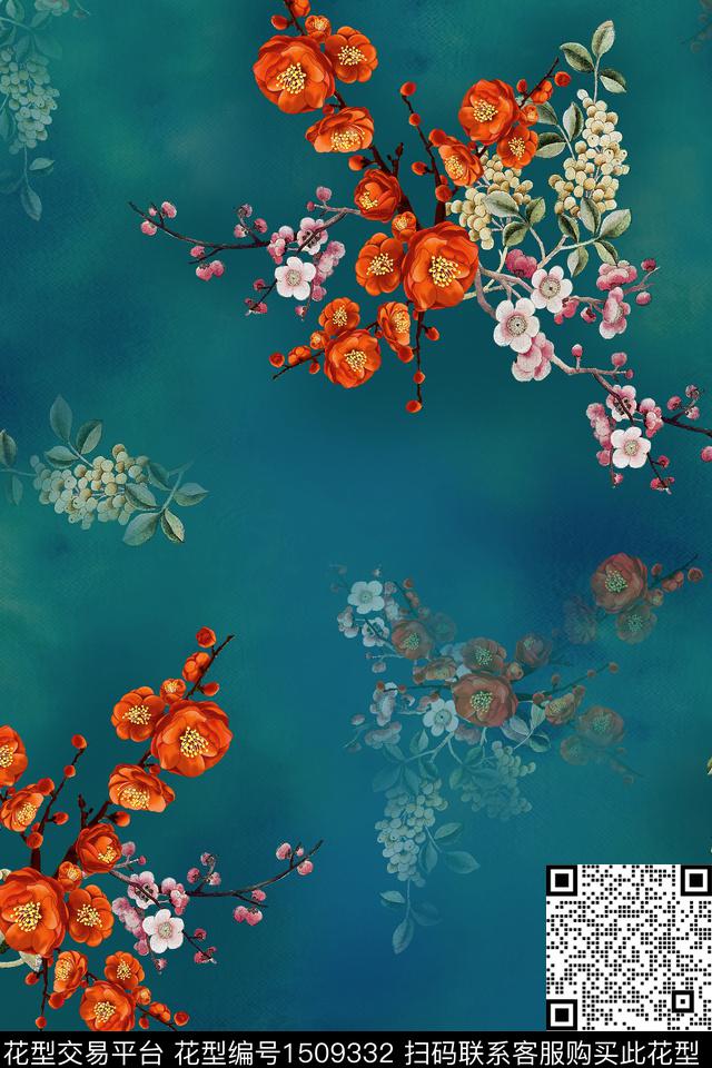 梅花香云纱中国风数码印花华亿平台下载（图片编号: 1509332） - 瓦栏（Walan）