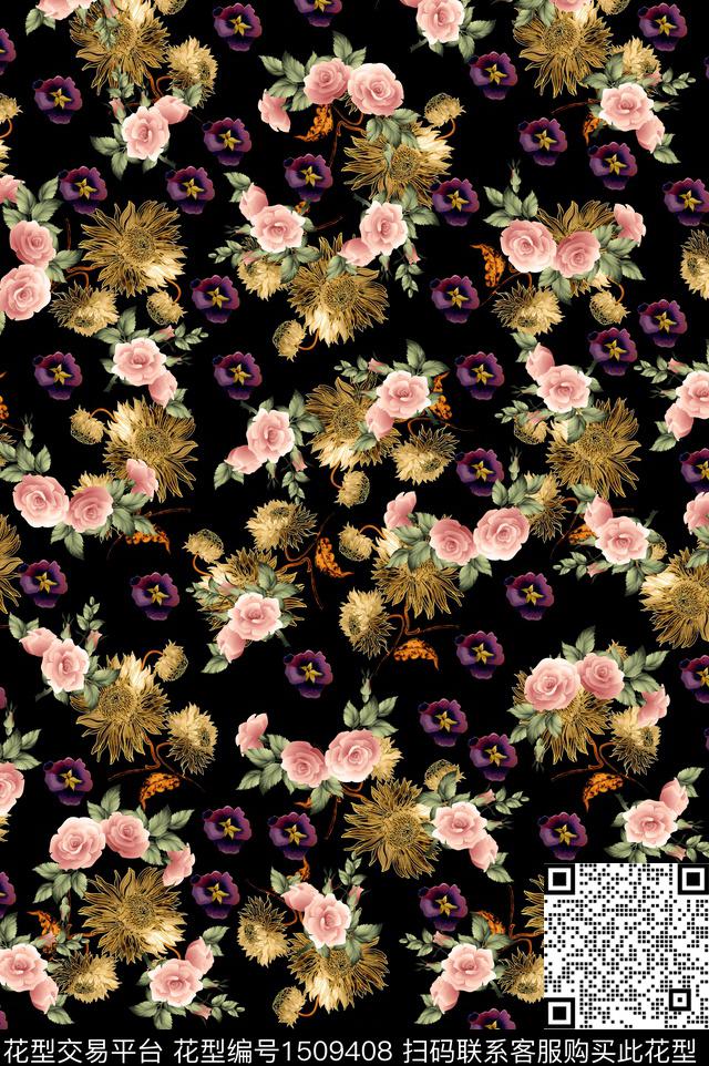 向日葵花卉满版散花数码印花华亿平台下载（图片编号: 1509408） - 瓦栏（Walan）