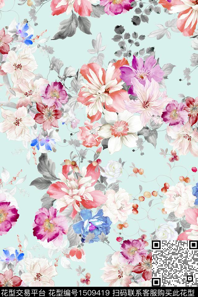 花卉大牌风小清新数码印花华亿平台下载（图片编号: 1509419） - 瓦栏（Walan）