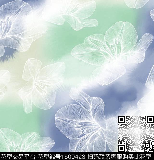 玉兰花渐变线条花卉数码印花华亿平台下载（图片编号: 1509423） - 瓦栏（Walan）