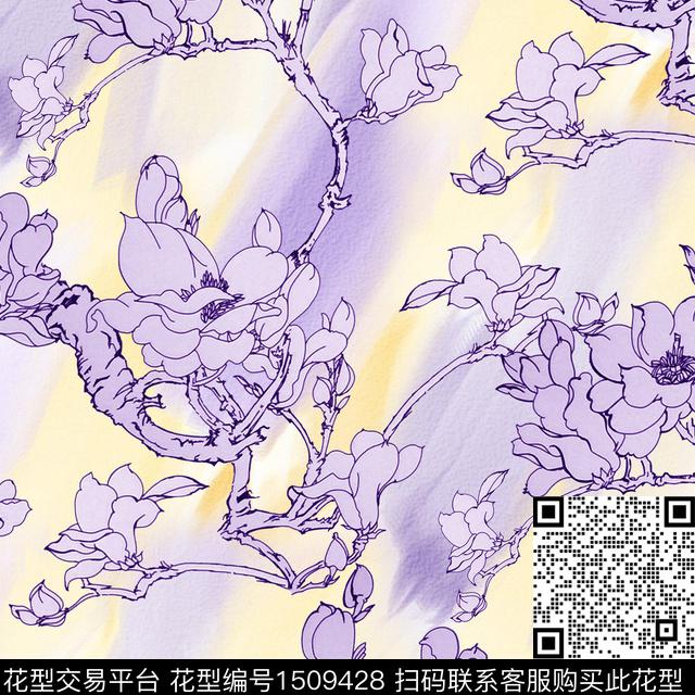 渐变线条花卉真丝数码印花华亿平台下载（图片编号: 1509428） - 瓦栏（Walan）