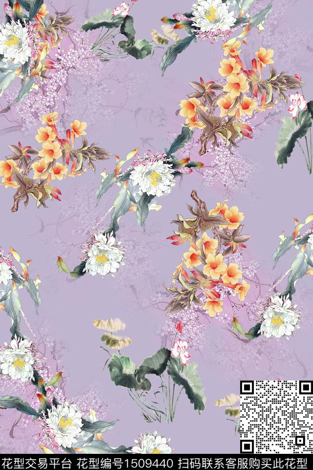 旗袍香云纱植物数码印花华亿平台下载（图片编号: 1509440） - 瓦栏（Walan）