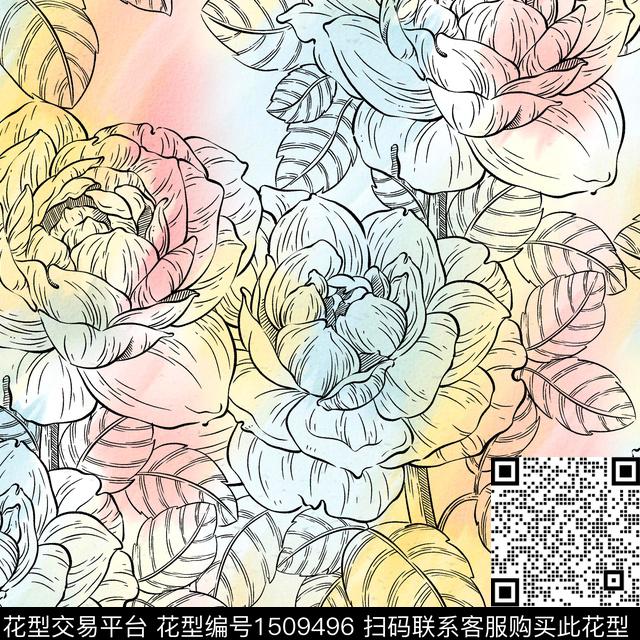 渐变牡丹数码印花华亿平台下载（图片编号: 1509496） - 瓦栏（Walan）