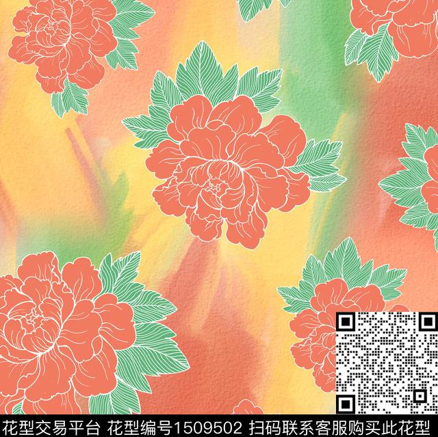 渐变牡丹中国风数码印花华亿平台下载（图片编号: 1509502） - 瓦栏（Walan）