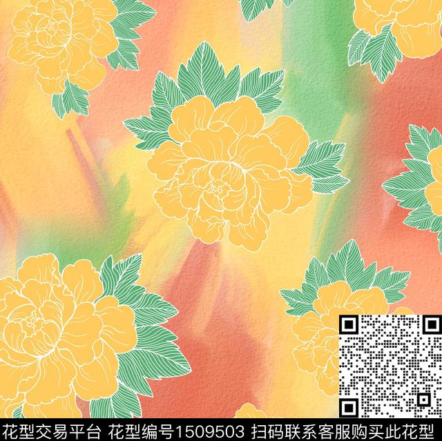 渐变枫叶牡丹数码印花华亿平台下载（图片编号: 1509503） - 瓦栏（Walan）