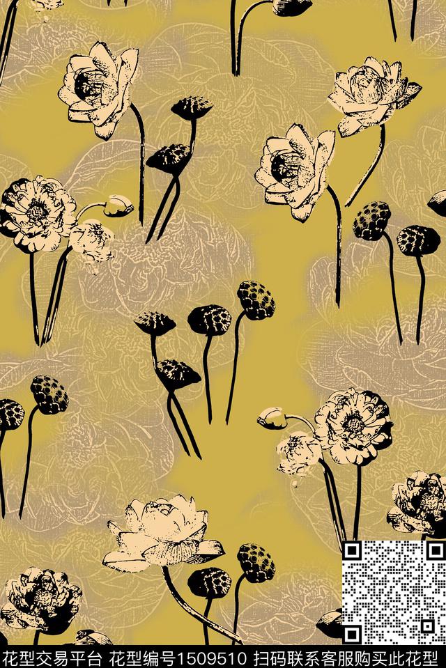 荷花民族风花卉数码印花华亿平台下载（图片编号: 1509510） - 瓦栏（Walan）