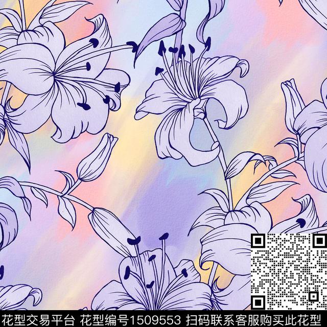 渐变线条百合数码印花华亿平台下载（图片编号: 1509553） - 瓦栏（Walan）