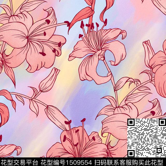 渐变线条百合数码印花华亿平台下载（图片编号: 1509554） - 瓦栏（Walan）