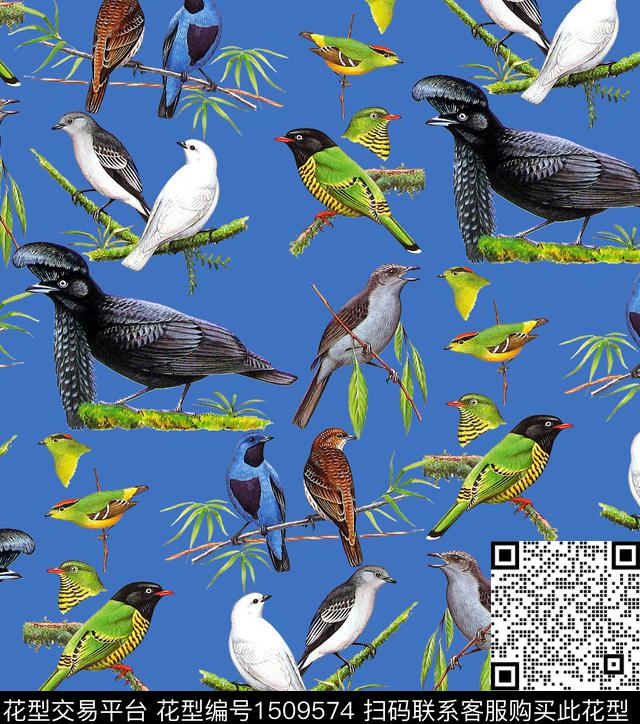 小碎花鸟克莱因蓝数码印花华亿平台下载（图片编号: 1509574） - 瓦栏（Walan）