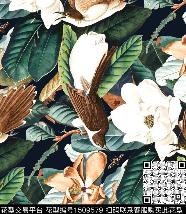大花玉兰花绿色系数码印花华亿平台下载（图片编号: 1509579） - 瓦栏（Walan）