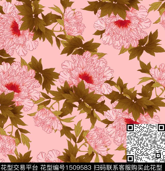 牡丹中国风数码印花华亿平台下载（图片编号: 1509583） - 瓦栏（Walan）