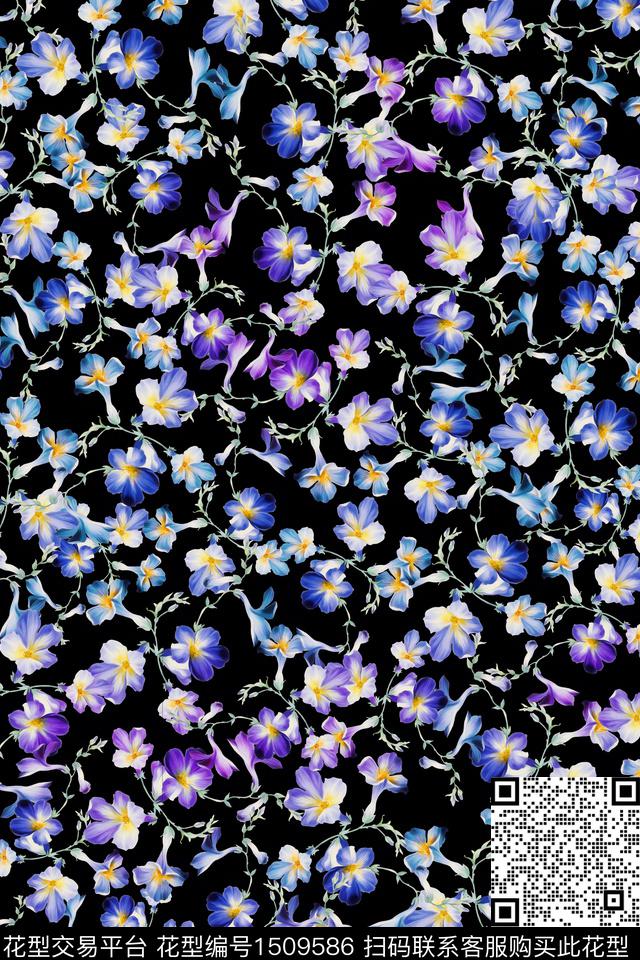 黑底花卉大牌风真丝数码印花华亿平台下载（图片编号: 1509586） - 瓦栏（Walan）