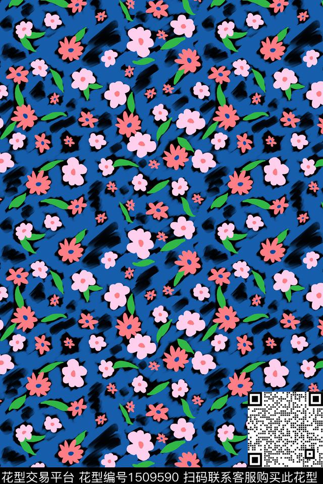 黑底花卉大牌风真丝数码印花华亿平台下载（图片编号: 1509590） - 瓦栏（Walan）
