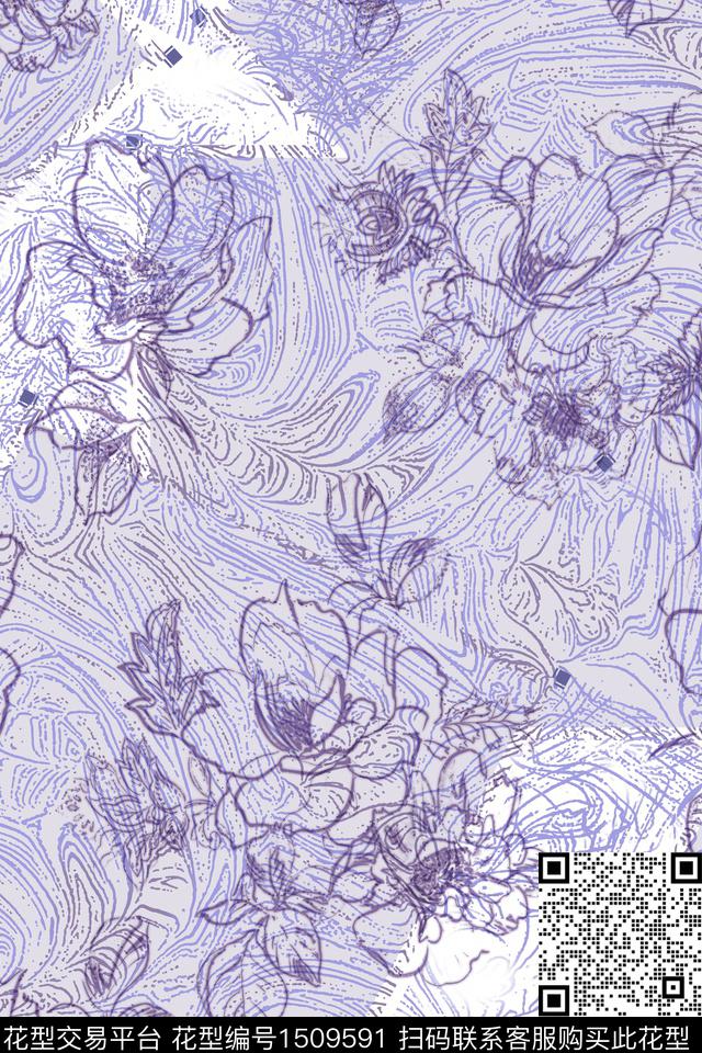 花卉大牌风真丝数码印花华亿平台下载（图片编号: 1509591） - 瓦栏（Walan）